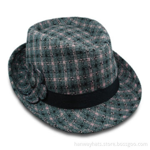 Women's Fashion Check Fedora/Trilby Hat with GG Band and Self Flower